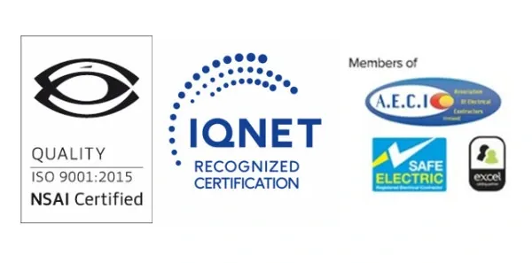 NSAI ISO 9001:2015, IQNet, AECI, Safe Electric and Excel accreditation logos