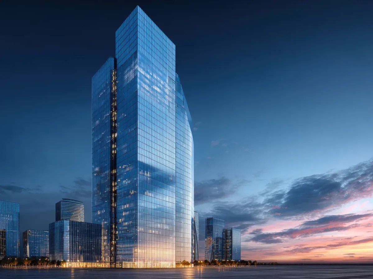Modern glass office building lit up at dusk
