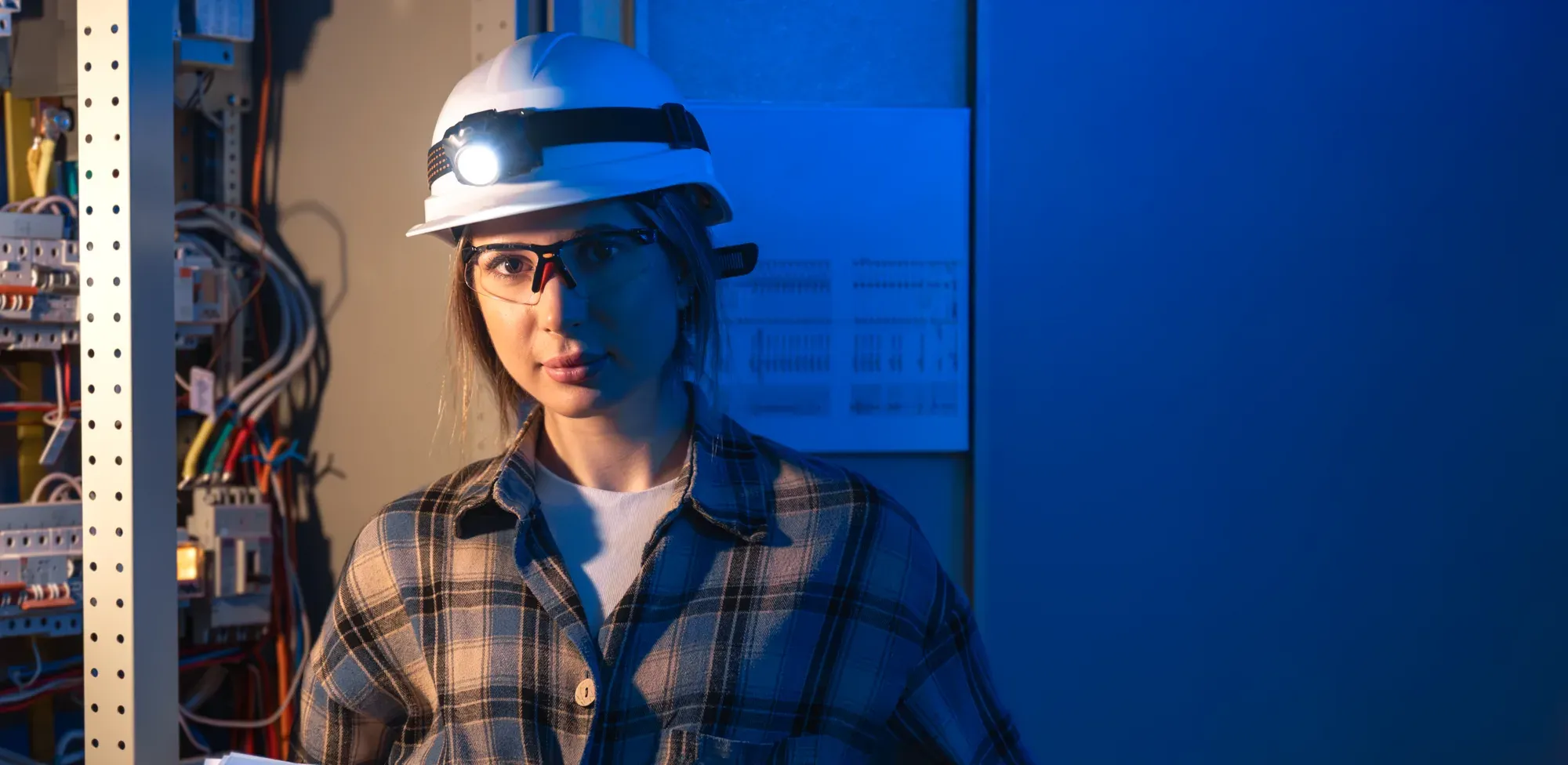 Electrical engineer in a hard hat with a head torch beside a switchboard